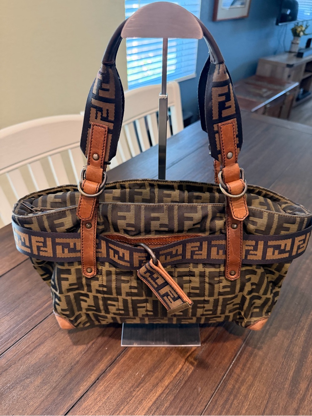 Fendi Zucca Vintage FF Monogram Nylon and Leather Tote / Shoulder Bag w/Logo Tag